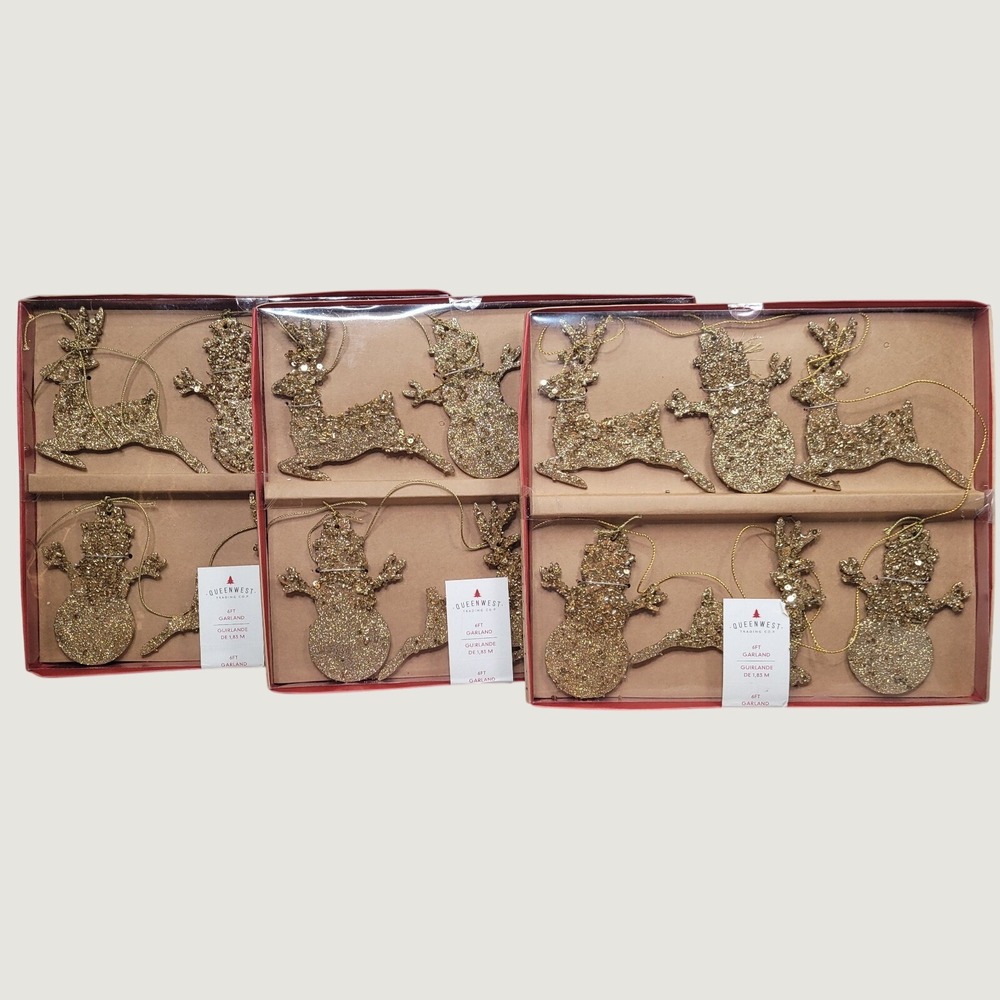 Queenwest Trading Co 6ft Christmas Garland Gold Sequin Reindeer Snowman 3 Pack